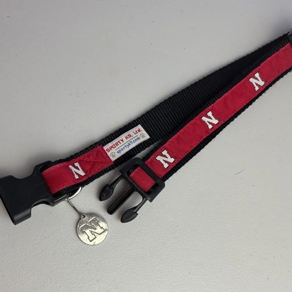 Nebraska Go Big Red Dog Collar with Nebraska N Football Logo Charm